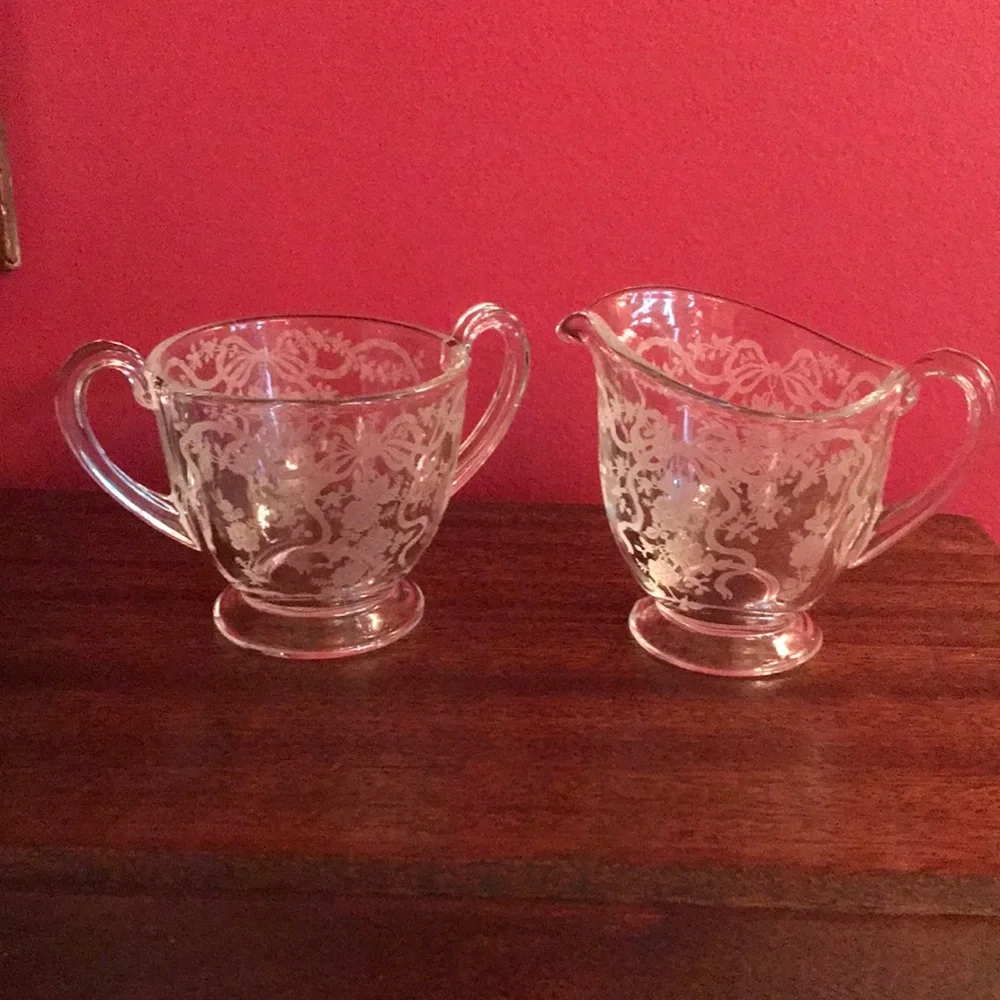 Antique Vintage Etched Roses & Ribbons Bows Sugar Bowl & Creamer Glass Set